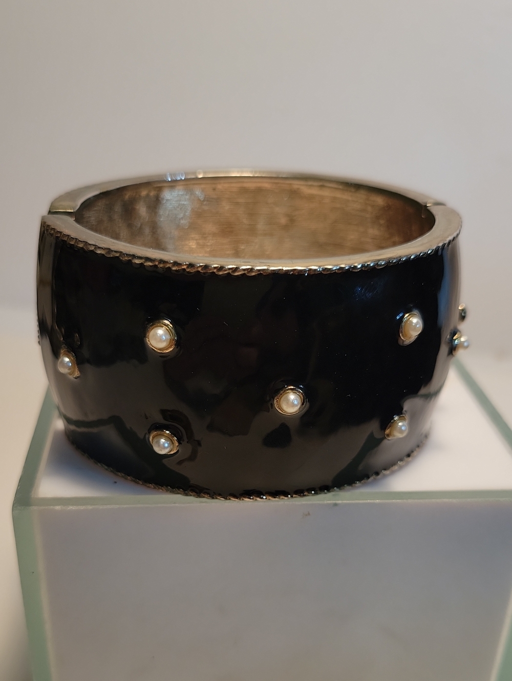 Amedeo Black Enamel Cameo Pearl Accent Cuff Bracelet - Picture 4 of 5